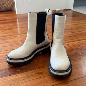 Elegant Cream Croc-Embossed Ankle Boots